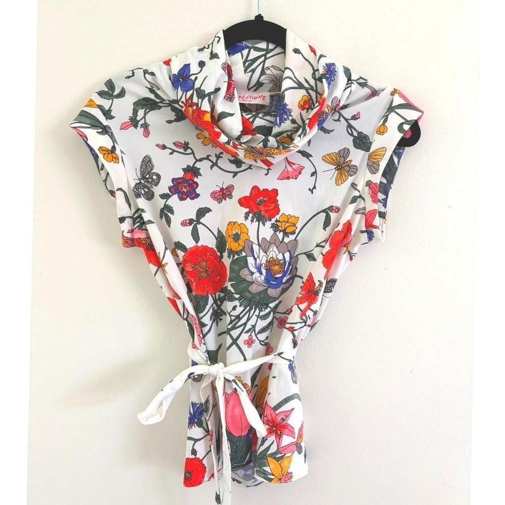 Vintage 1970s Butterfly Floral Cowl Neck Top S Boho Cottagecore Fairycore